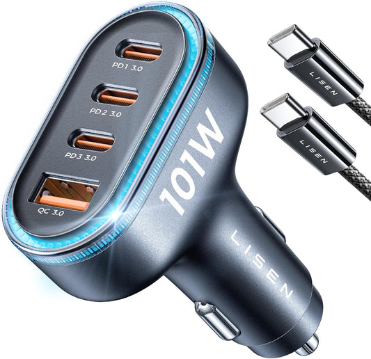 Lisen 101W USB C Car Charger 4 Port Super Fast Charging Car Charger Adapter PD3.0 and QC3.0 Cigarette Lighter Car USB Charger Multi-Port with Cable,Compatible iPhone 15 Pro Max 14 Samsung S25 i。 Pad