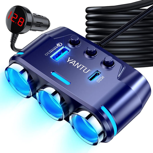 YANTU Cigarette Lighter Adapter,Car Charger Adapter 3 Socket Cigarette Lighter Distributor,Belt LED Voltage Display PD/QC 3.0 Charger on/off Switch 120W 12V Car Distributor Adapter,Applicable to All Automotive Equipment